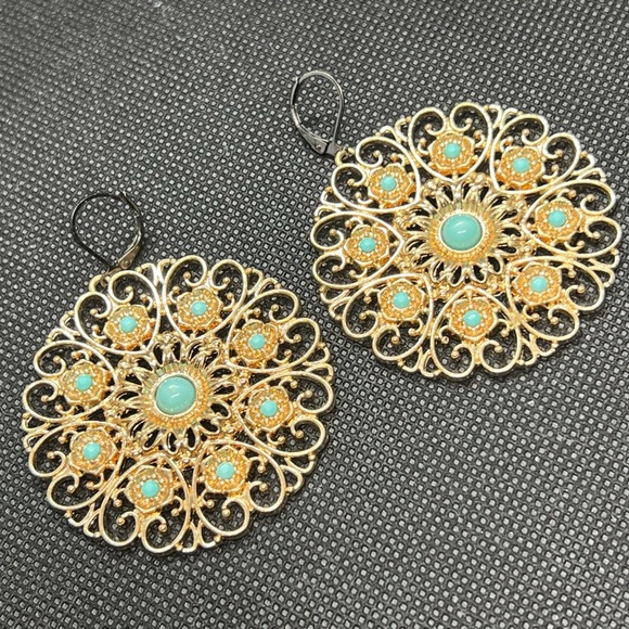 Charming Charlie teal and gold toned round mandala statement earrings - Picture 3 of 6